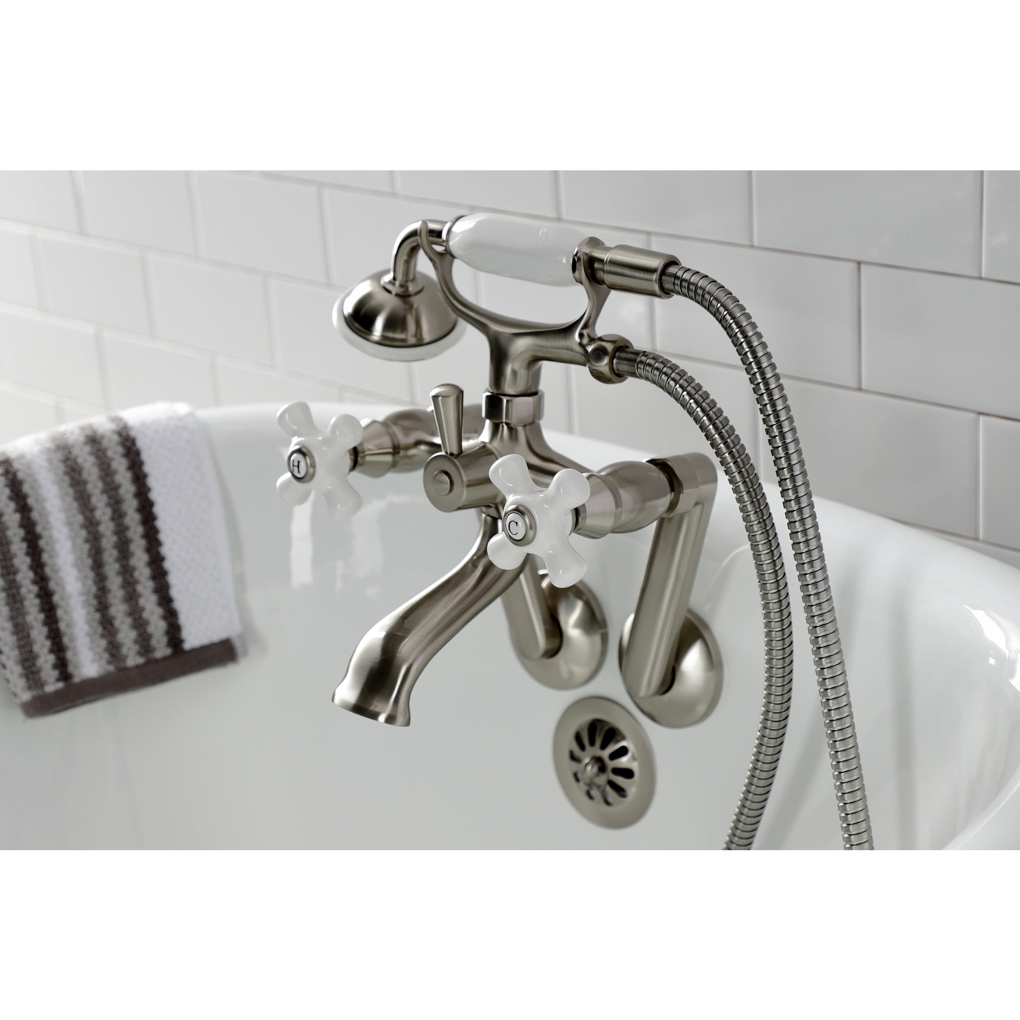 Kingston Brass KS269PXSN Kingston Three-Handle 2-Hole Tub Wall Mount Clawfoot Tub Faucet with Hand Shower in Brushed Nickel