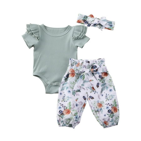 

MERSARIP Girl Summer Sets Solid Color Ruffle Romper Floral Pants Headband