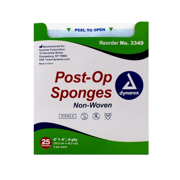 Dynarex Gauze Post-Op Sponges Non-Woven Sterile 4" X 4", 4-Ply, Count: 25 x 2