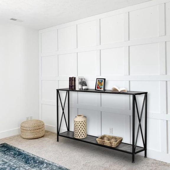 SalonMore 2-Tier Console Table, Wood Long Sofa Table with Storage Shelf X Frame Entryway