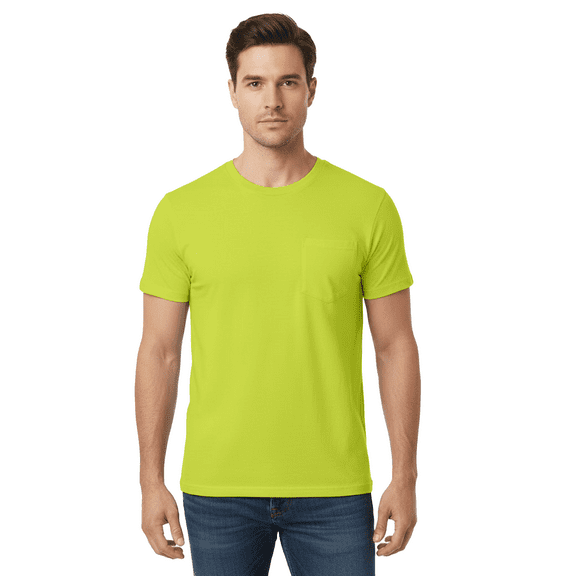 Gildan High Visibility Pocket T-Shirt, Hi Vis Short Sleeve Work Tee 50/50 cotton/polyester (Safety Green-XL)