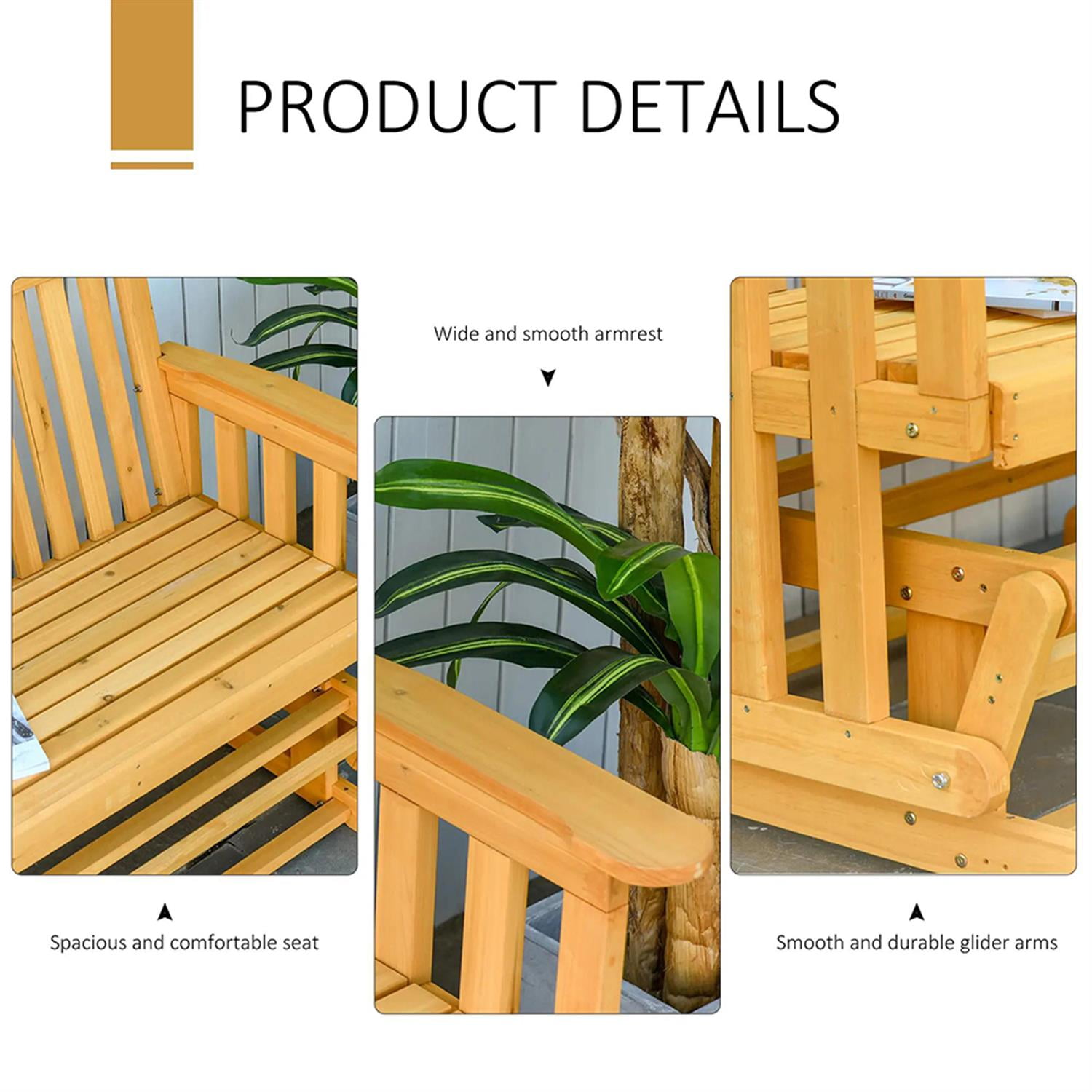 Demi Bonn 2-Person Patio Swing Glider Bench with Wide Armrest, Wood Outdoor Glider Chairs Rocking Chair Loveseat for Backyard Garden Porch, Beige