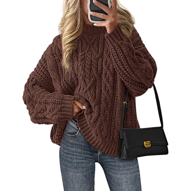 Suéter PRETTYGARDEN Oversized de Punto Trenzado Cuello Redondo Café Talla L