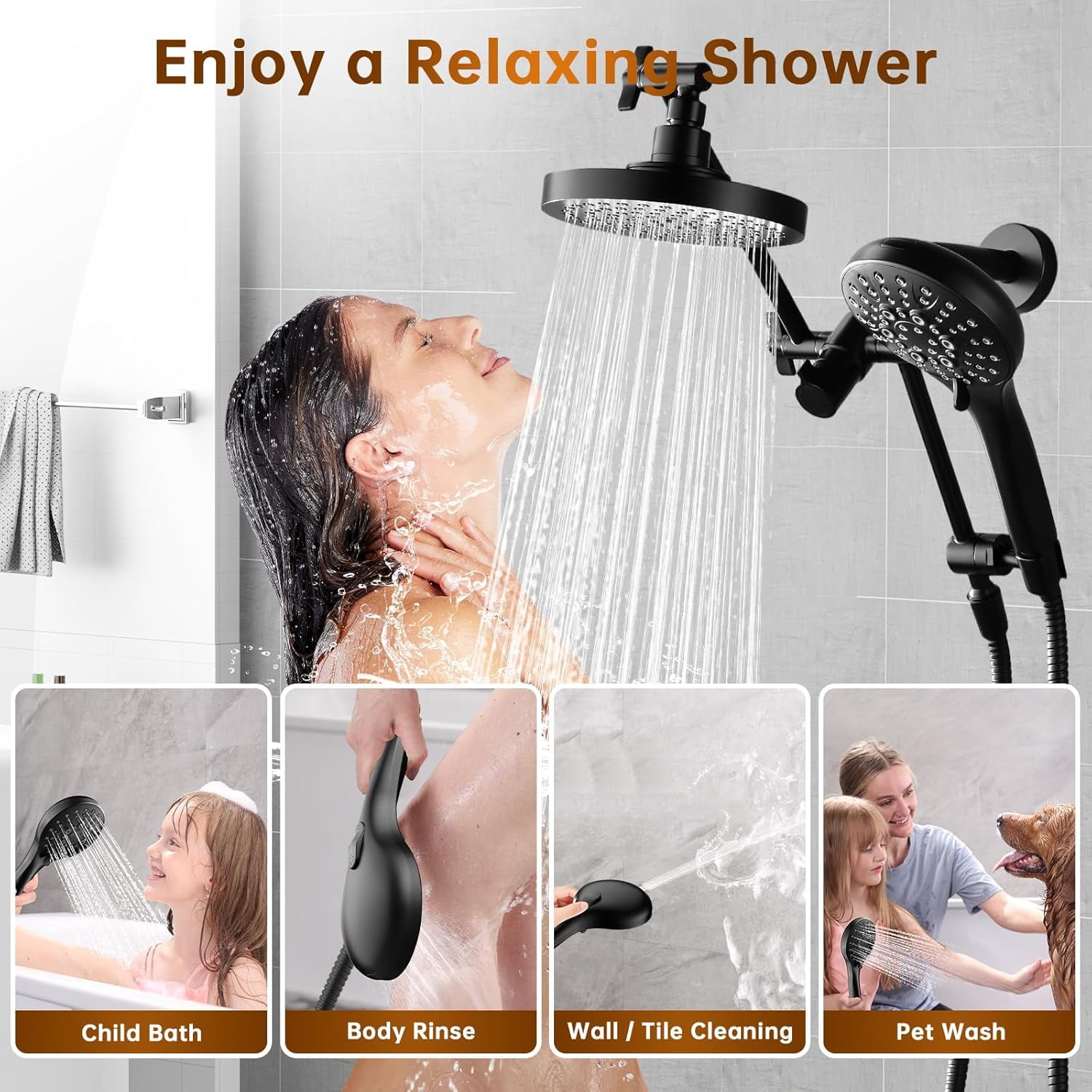 BRIGHT SHOWERS Rain Shower Head with Handheld Spray Built-in Power Wash, High Pressure Dual Shower Head with Height Adjustable Extension Arm, 3-Way Diverter, 9 Settings Handheld, 69" Hose, Chrome