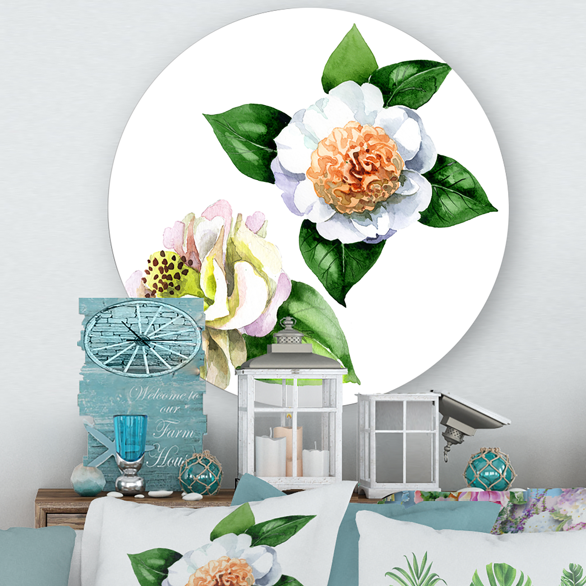 Designart 'Ancient White Camellia Flowers With Green Leaves' Traditional Circle Metal Wall Art 23x23 - Disc of 23