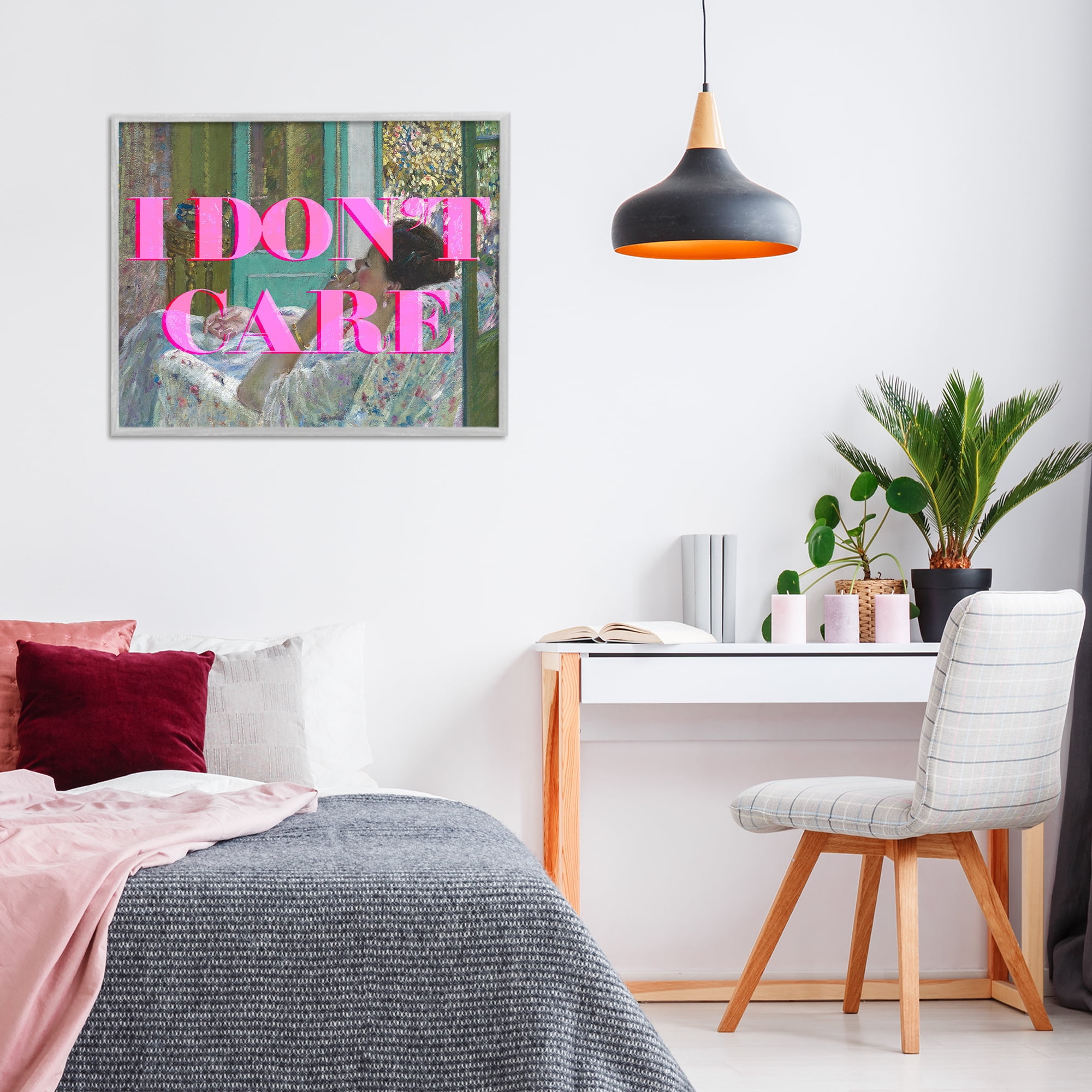 I Don't Care over Classic Painting Gray Framed Giclee Art, design by Lil' Rue