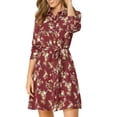 thumbnail image 4 of Vestido de camisa floral con cinturón y botones de solapa para mujer Allegra K en color burdeos, 4 of 8