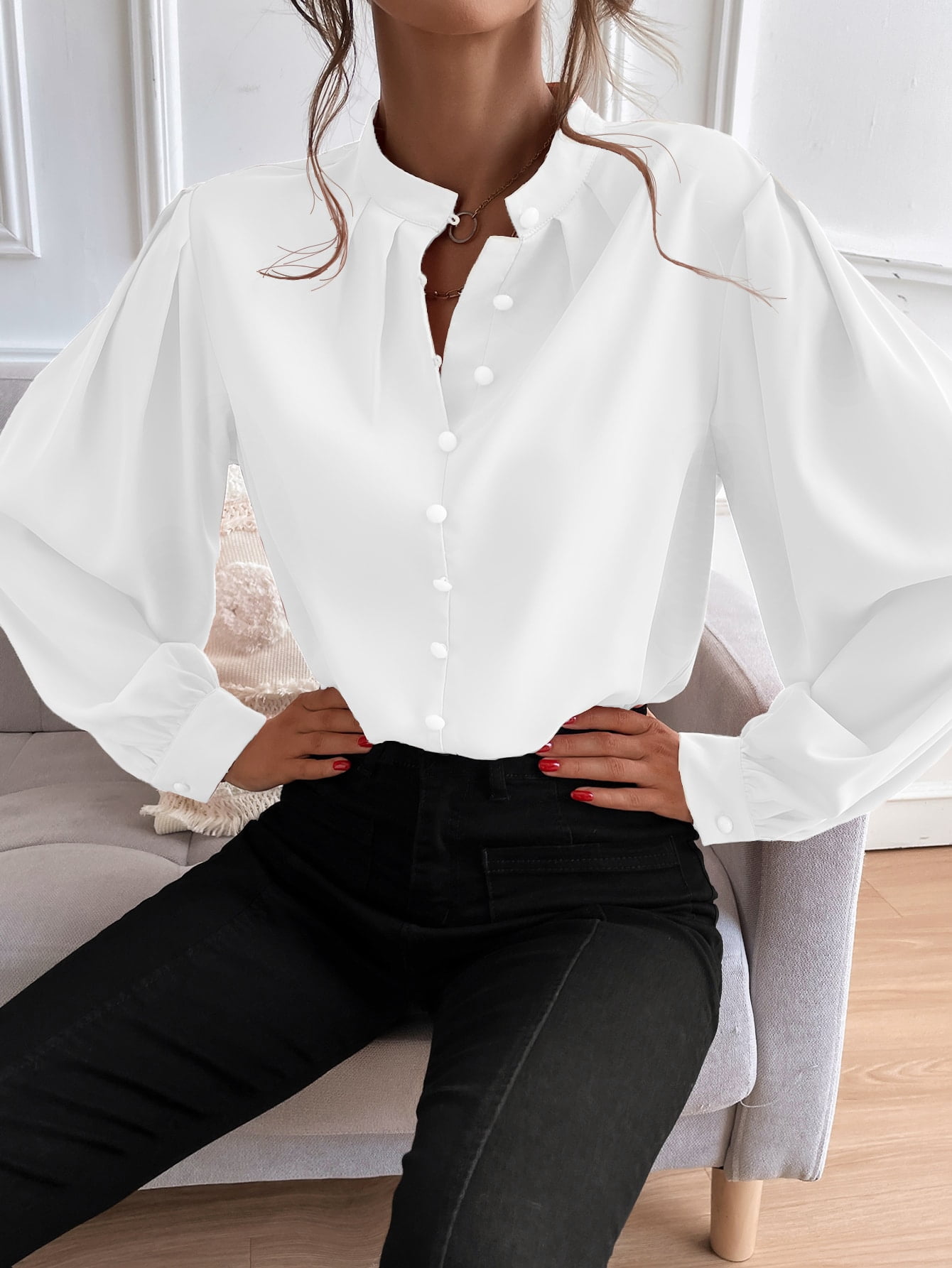 Bishop Sleeve Button Up Blouse 2022 XL 