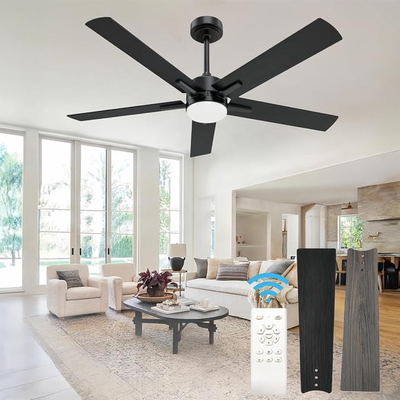 Ventilador de techo de 52" con luces, Abanicos de Techo Modernos con Mando a Distancia, 6 Velocidades, Temperatura de 3 colores, 5 Varillas, Ventilador de Techo DC para Sala de estar(Negro)