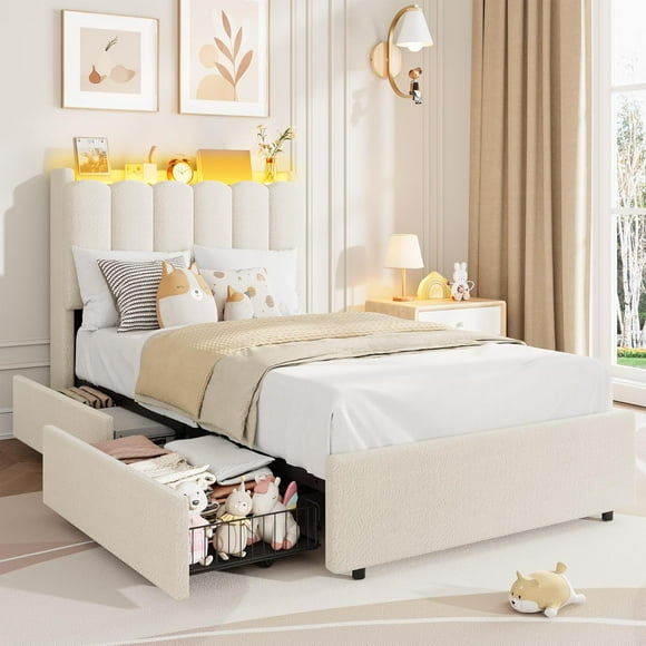 IdealHouse LED Twin XL Bed Frame with Storage Headboard, Kids Bed Frame with 2 Drawers, Boucle Upholstered Platform Bed for Girls, Chic Wavy Headboard with Bookcase, No Box Spring Needed, White