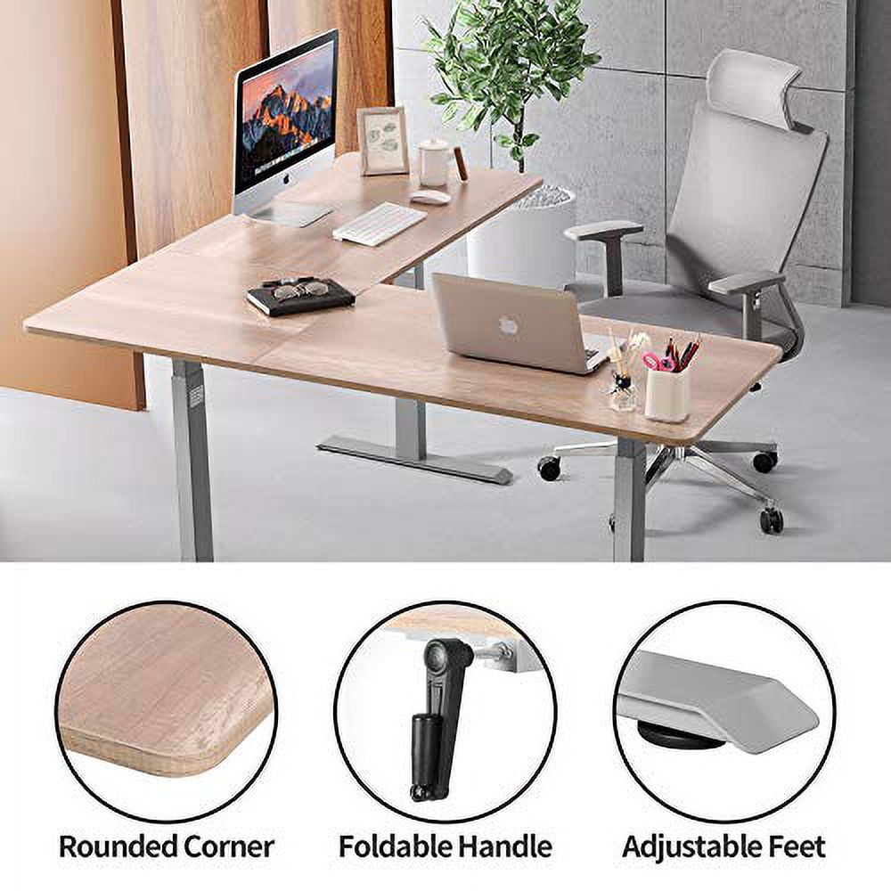 UNICOO® L Shaped Crank Height Adjustable Standing Desk, Sit to Stand up Corner Desk, L-Shaped Standing Workstation (Grey Frame/Antique Oak Top - L Shape Crank)