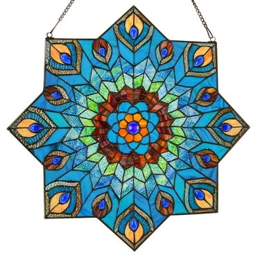 River of Goods  24-inch Tiffany-style Stained Glass Peacock Star Window Panel - 24"L x 0.25"W x 24"H