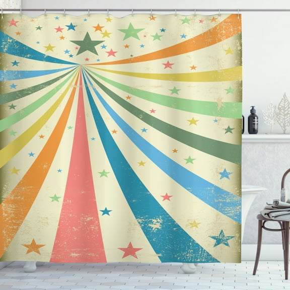 Circus Shower Curtain, Colorful Carnival Background with Rainbow Spectrum Rays and Stars on Grungy Texture, Fabric Bathroom Set with Hooks, 69W X 70L Inches, Multicolor, by Ambesonne
