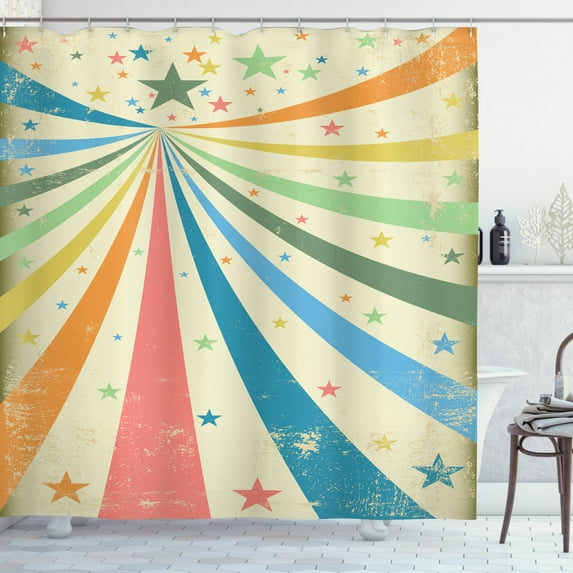 Circus Shower Curtain, Colorful Carnival Background with Rainbow Spectrum Rays and Stars on Grungy Texture, Fabric Bathroom Set with Hooks, 69W X 75L Inches Long, Multicolor, by Ambesonne