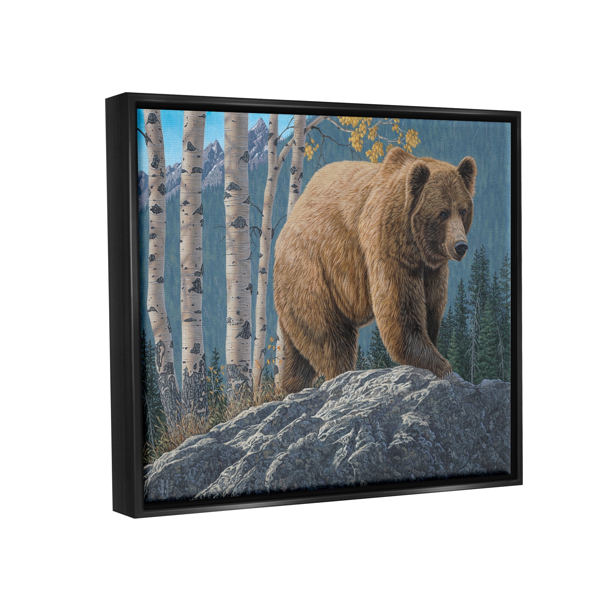 Stupell Industries Brown Bear on Rock Animals & Insects Painting Black Floater Framed Canvas Art Print Wall Art, 31 x 25