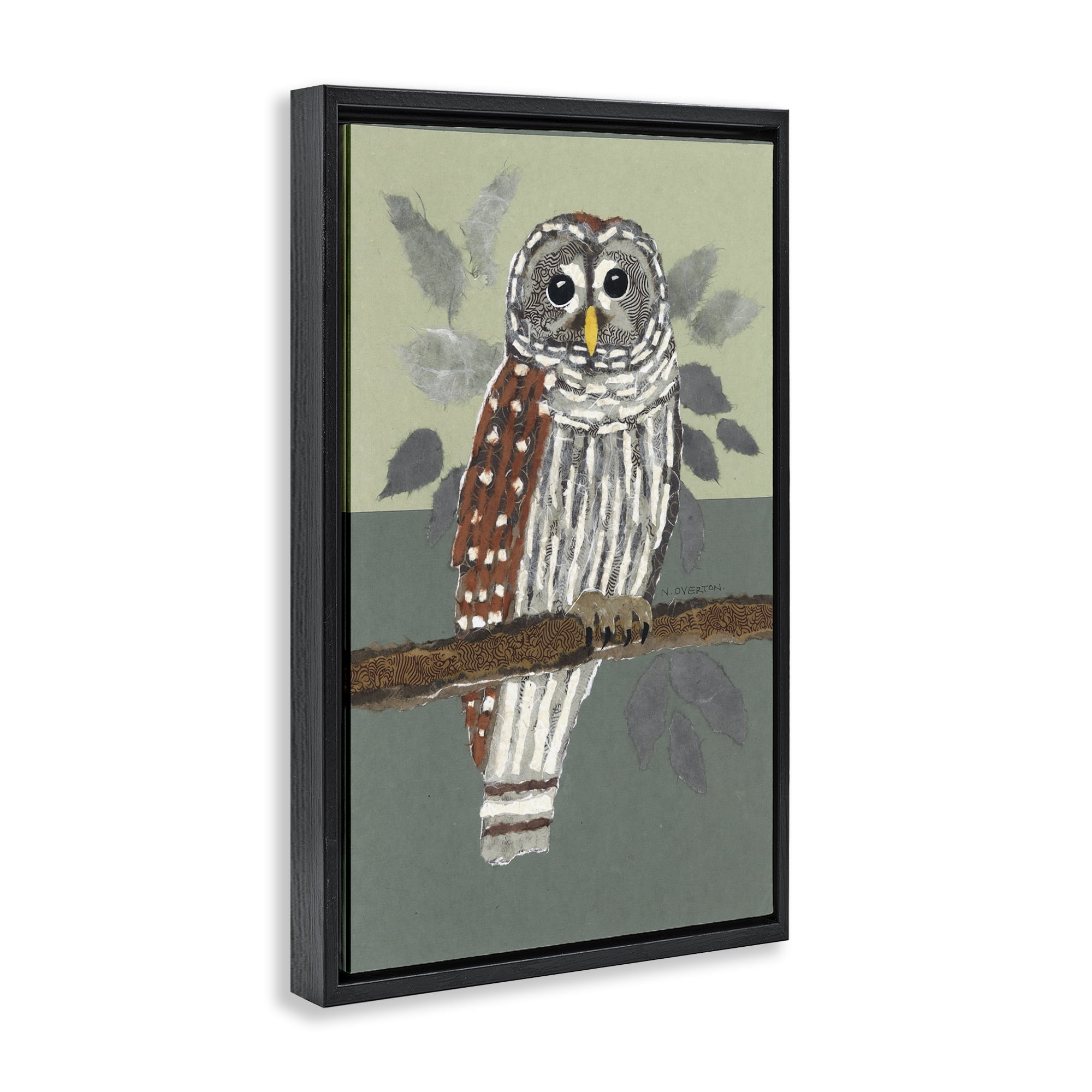 Stupell Industries Owl Perched Tree Branch Animals & Insects Painting Black Floater Framed Canvas Art Print Wall Art, 17 x 25