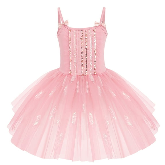 IBTOM CASTLE Toddler Kid Girls Sequins Fringes Camisole Ballet Dance Dress Glitter Feather Tutu Skirted Leotard Ballerina Dancewear 5-6 Years Pink