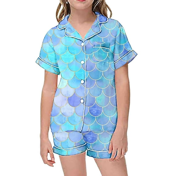 Big Girls Fashion Printed Button Down Lapel Short Sleeved Top Shorts Pajamas Set For Kids Vêtements Pour Enfants Size 8-9T