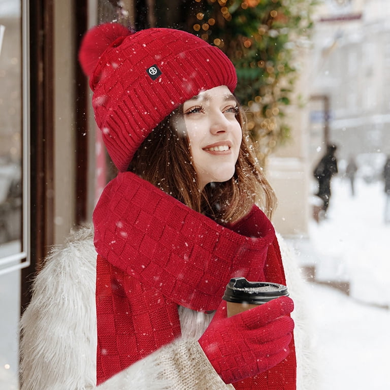 3Pcs Winter Hat Scarf and Touchcreen Gloves for Women, Red REDESS Hat,Scarf and Gloves Sets for Women main image 3