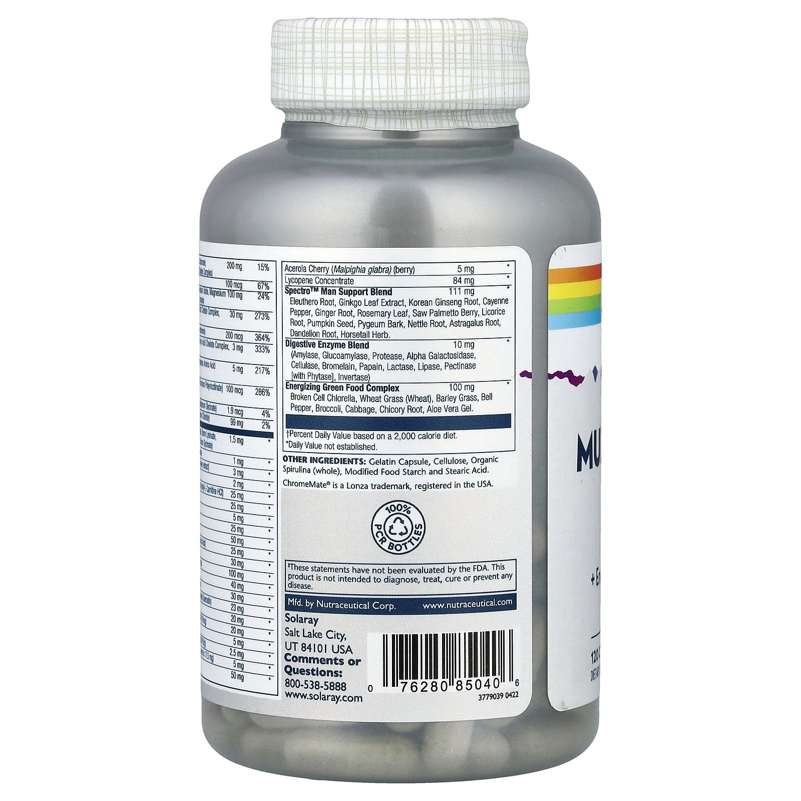Solaray Spectro Multivitamin for Men, Men's Multivitamin for Energy and Overall Wellness with Saw Palmetto, Pumpkin Seed, Digestive Enzymes, and More, 60-Day Guarantee, 30 Servings, 120 Capsules (Man)