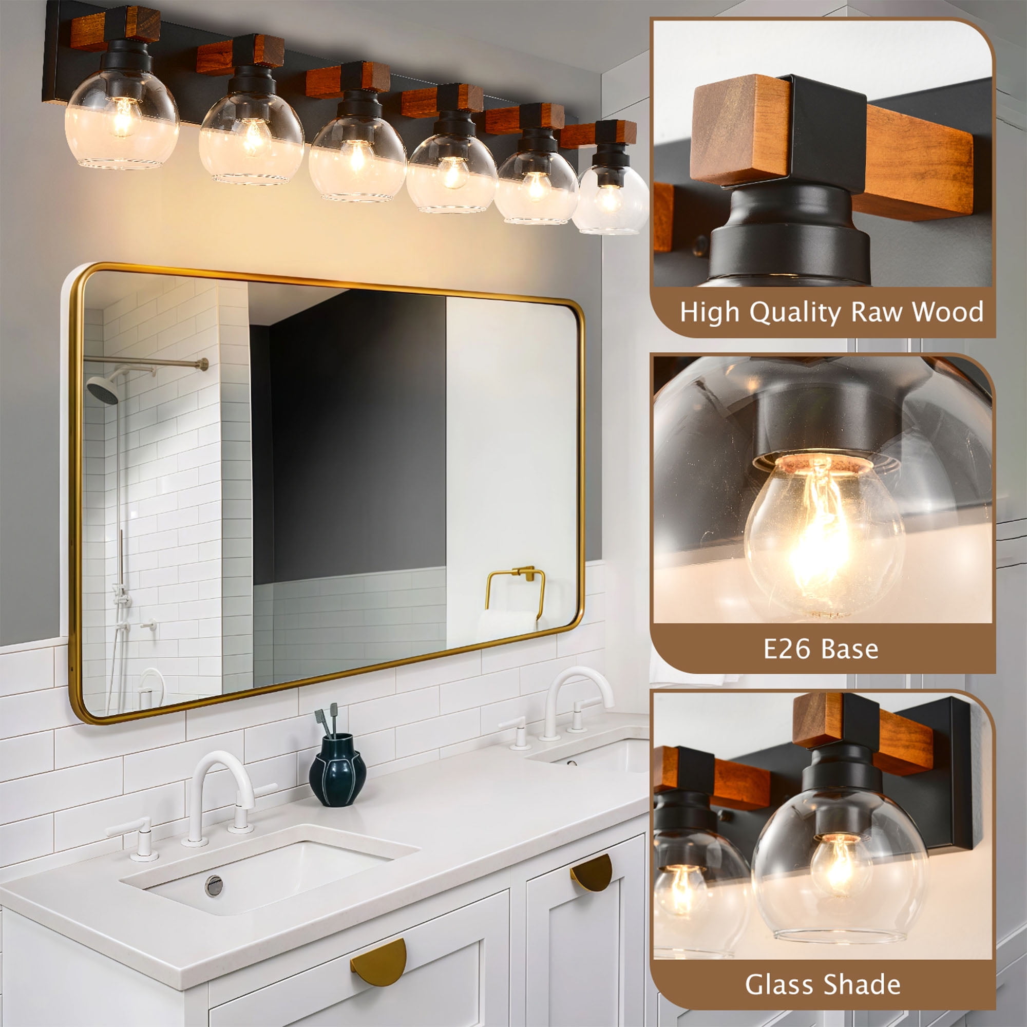 6 Light Bathroom Vanity Light Fixture,Black and Gold Bathroom Finish Over Mirror,Farmhouse Wall Sconces with Clear Glass Shade for Living Room Bedroom