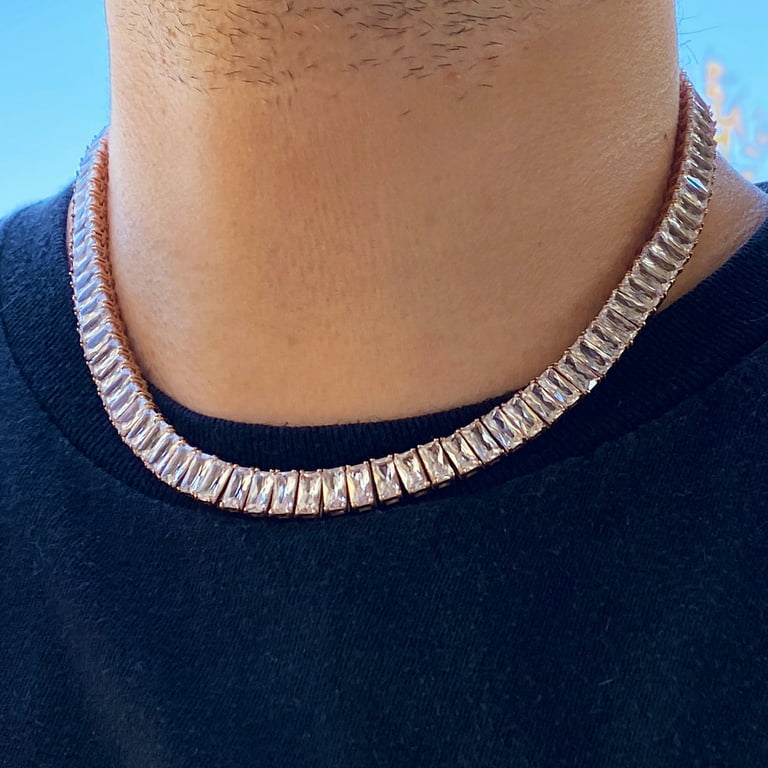 Mens Choker 24K Rose Gold Plated Over Stainless Steel Baguette Iced CZ  Chain 18 Inch 