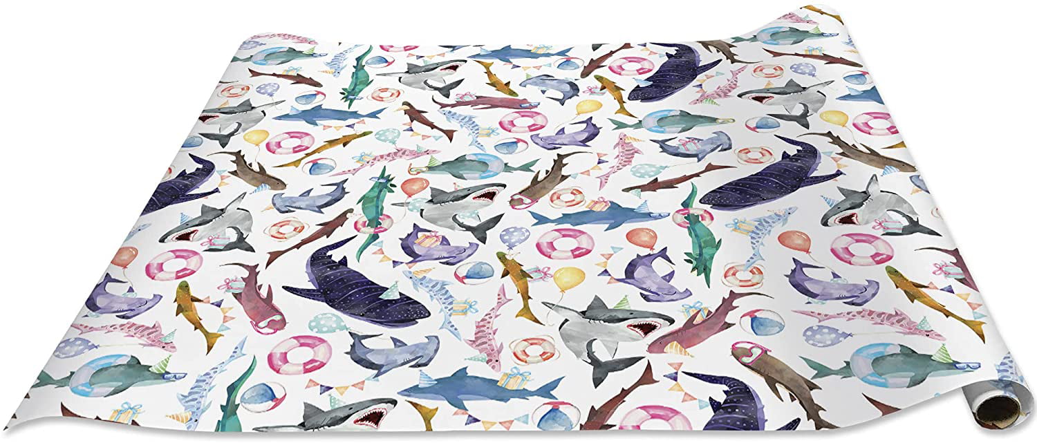 Shark Party Jillson Roberts 6 Roll-Count Recycled Birthday Gift Wrap