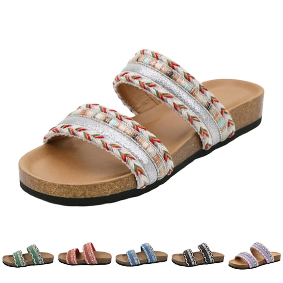 Modisza Summer Flat Sandals for Women Knitted Strap Comfortable Walking Slides Cork Footbed Beach Vacation Slippers Shoes Black size 6