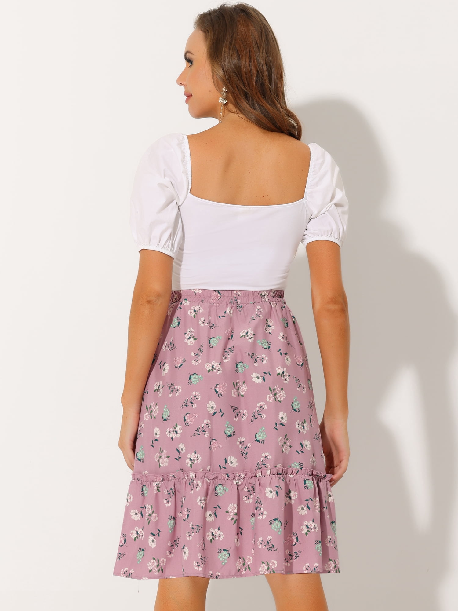 DARING DIVA Women's Flowy Ruffle Hem Tiered Floral Midi Skirt XL Dusty Pink