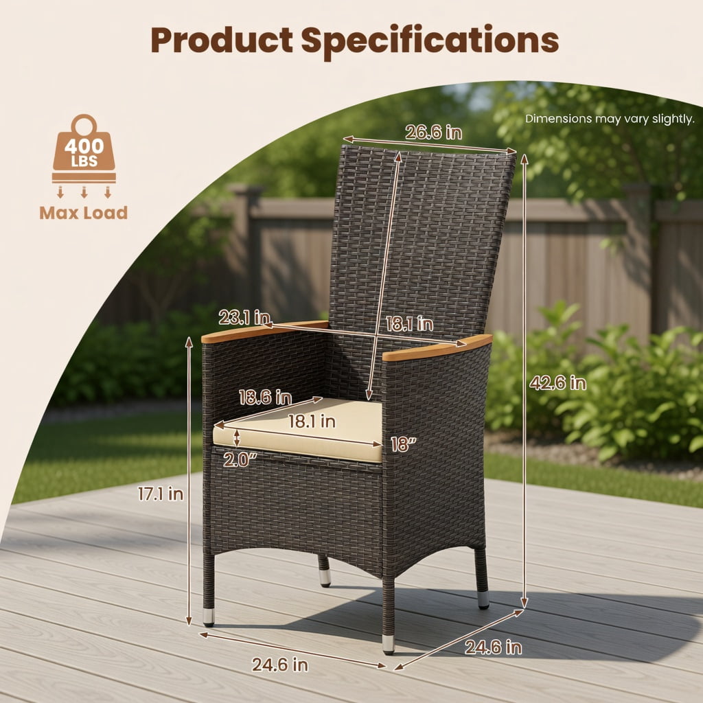 Hommoo 2-Piece Outdoor Wicker Dining Chair Set, High-Back PE Rattan Patio Chairs with Cushions, Acacia Wood Armrests & Heavy-Duty Metal Frame for Backyard, Porch or Poolside, Natural