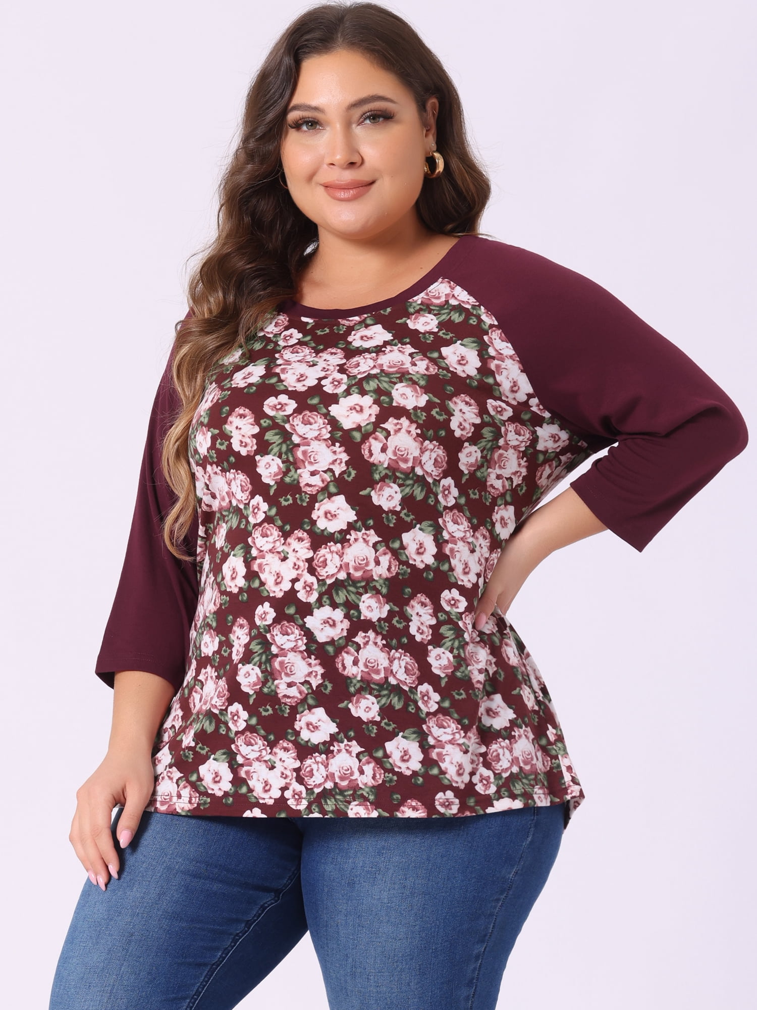 DARING DIVA Women's Plus Size Raglan Crewneck 3/4 Sleeve Floral Tunic Tee 2X Burgundy