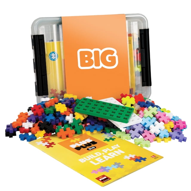 Plus-Plus Big - 200 piezas grandes en recipiente de almacenamiento - Mezcla básica de neón y pastel con placas base - Juguete de vapor para construcción Bloques de rompecabezas grandes entrelazados pa