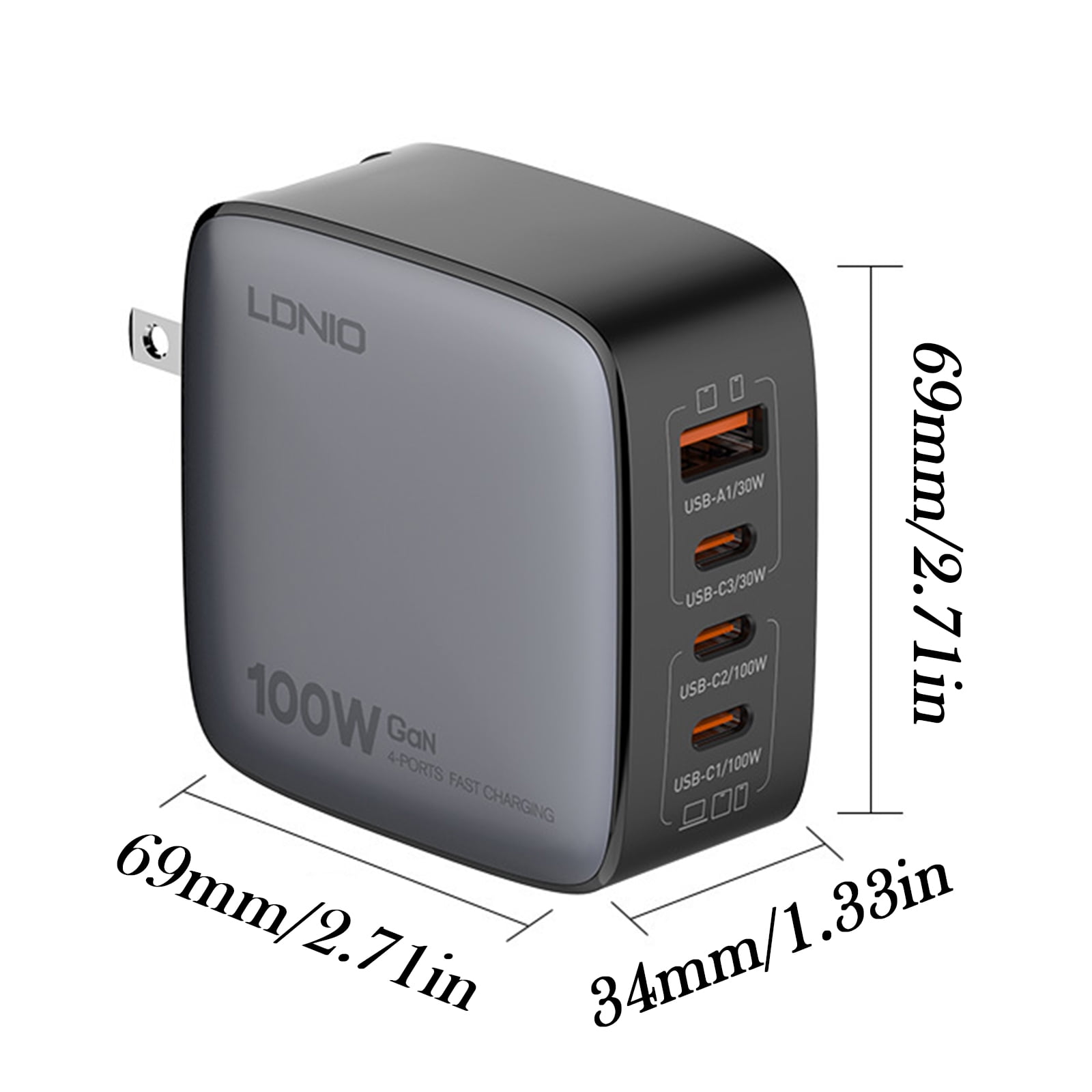 100W GaN USB-C Charger, 3-Port Fast Charging Station for iPhone, iPad, MacBook, Laptops, with EU/UK/US Plugs
