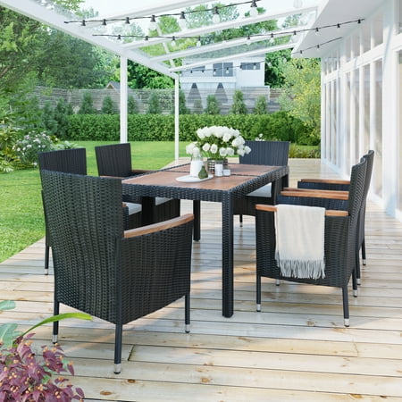 Outdoor Patio Dining Set 7 Piece Wicker Outdoor Patio Furniture Rattan Dining Table and Chairs Set Patio Conversation Set for Garden Balcony Poolside Backyard Black Wicker+Beige Cushion W16739