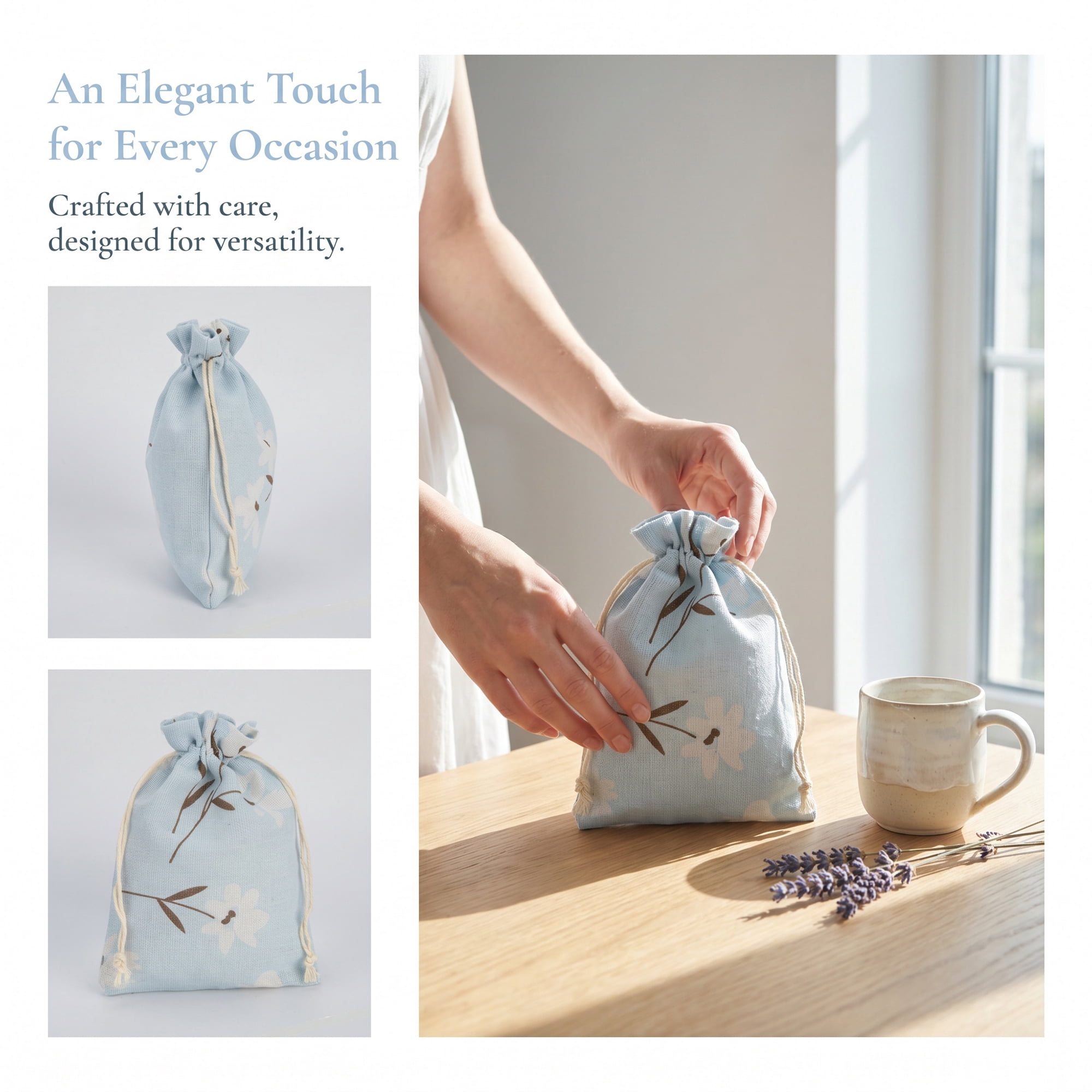 Unique Bargains Drawstring Gift Bags with Handles for Occasions Blue Flower 5.1" x 7.1"