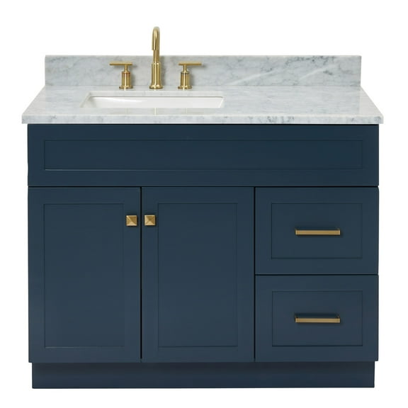 Ariel Hamlet 43 In. Left Offset Rectangle Sink Vanity With 0.75 In. Carrara White Countertop In Midnight Blue