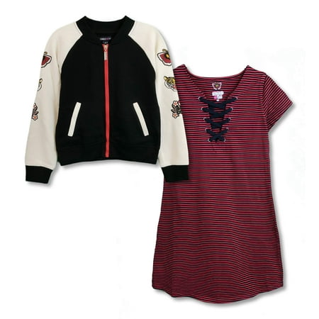 Fleece Bomber Jacket With Striped Mini Dress, 2-Piece Outfit Set (Big Girls)