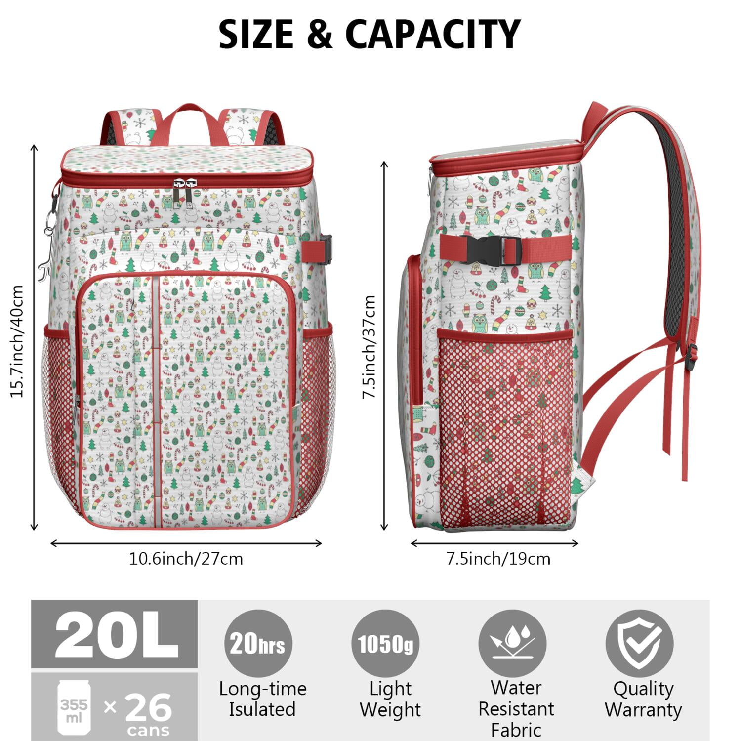 Travel Cooler Bag - White Christmas Icon Pattern Camping Beer Cooler Backpack with Bottle Opener- Waterproof Insulated Picnic Backpacks - Cooler Bag for Beach