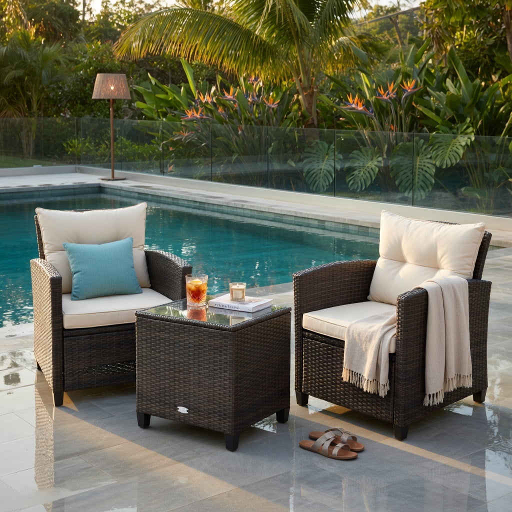 Hommoo 3-Piece Outdoor Rattan Patio Furniture Set with Cushions & Tempered Glass Coffee Table, Beige