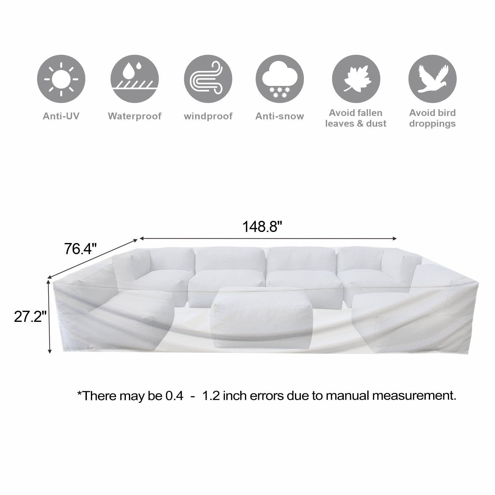 Evita Waterproof Patio Sofa Cover, 148.8" L x 76.4" W x 27.2" H, Outdoor Furniture Cover, Heavy Duty 290G Polyester, Windproof Patio Couch Cover, All Weather Protection