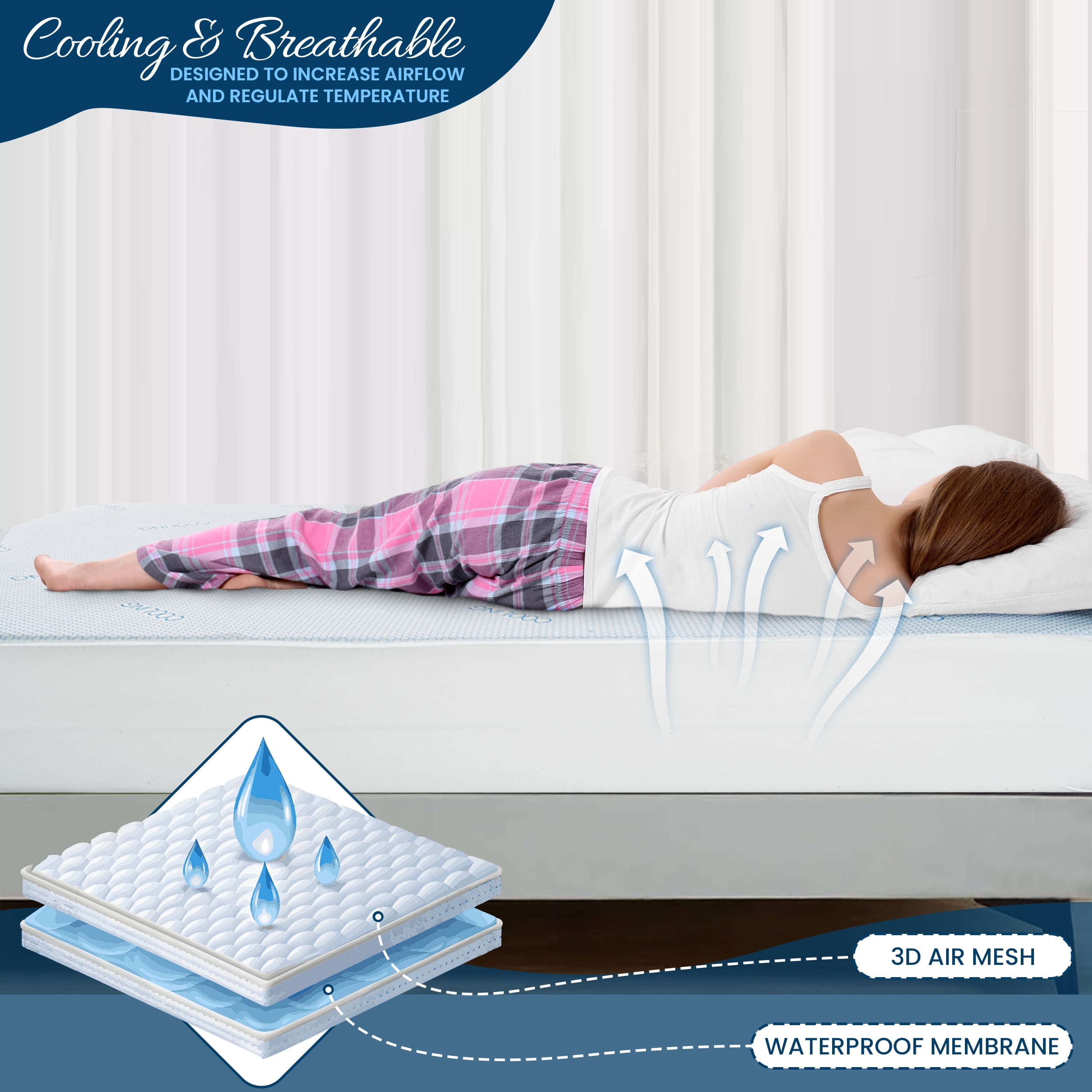 Lux Decor Cooling Mattress Protector King - Waterproof, Breathable & Soft 3D Air Fabric, Lightweight, Noiseless & Durable, 16” Deep Pocket Fitted Mattress Cover