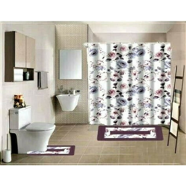 15-Piece Bathroom Set 2-Rugs/Mats Non Slip 1 Fabric Shower Curtain With 12-Fabric Covered Rings Different Styles and Colors For Home Bath Dcor Peony Purple