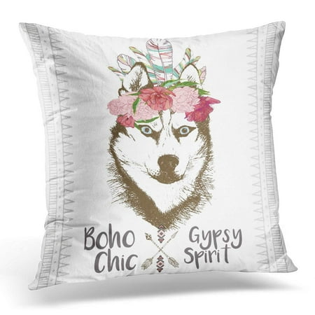 ECCOT Close Up Portrait of Siberian Husky Wearing The Feather Headpiece Domestic Dog Traditional Boho Pillowcase Pillow Cover Cushion Case 16x16