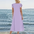 thumbnail image 3 of Linen Dress, Casual Pleated Sleeves Loose Fit Round Neck Slit Beach Sundress Party Vacation Long Flowy Maxi Dress With Pockets Black Shoes Women Dressy Mini Dresses (XXL, Purple) ZMTing, 3 of 4