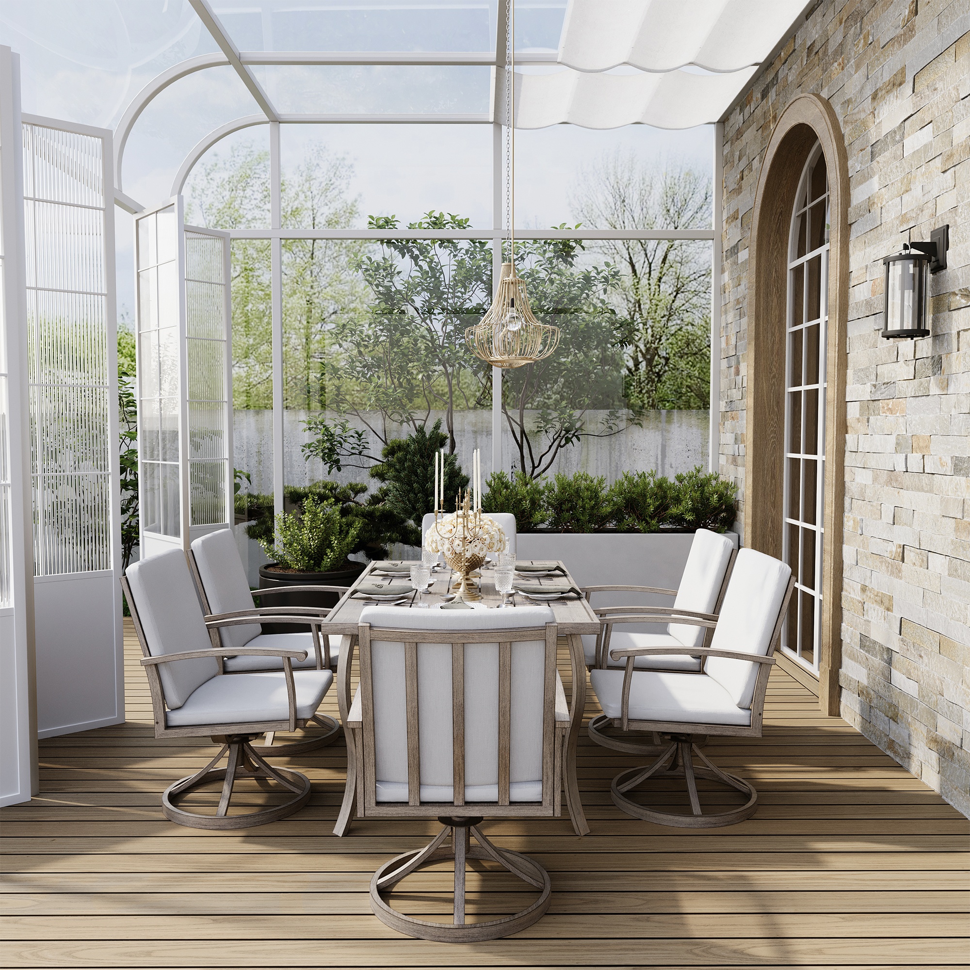 HAPPATIO 7 Piece Patio Swivel Dining Set, Aluminum Outdoor Dining Set for 6,Dining Table and Chairs Set, Patio Dining Furniture with Aluminum Table, Swivel Chairs and Washable Cushions (Gray)
