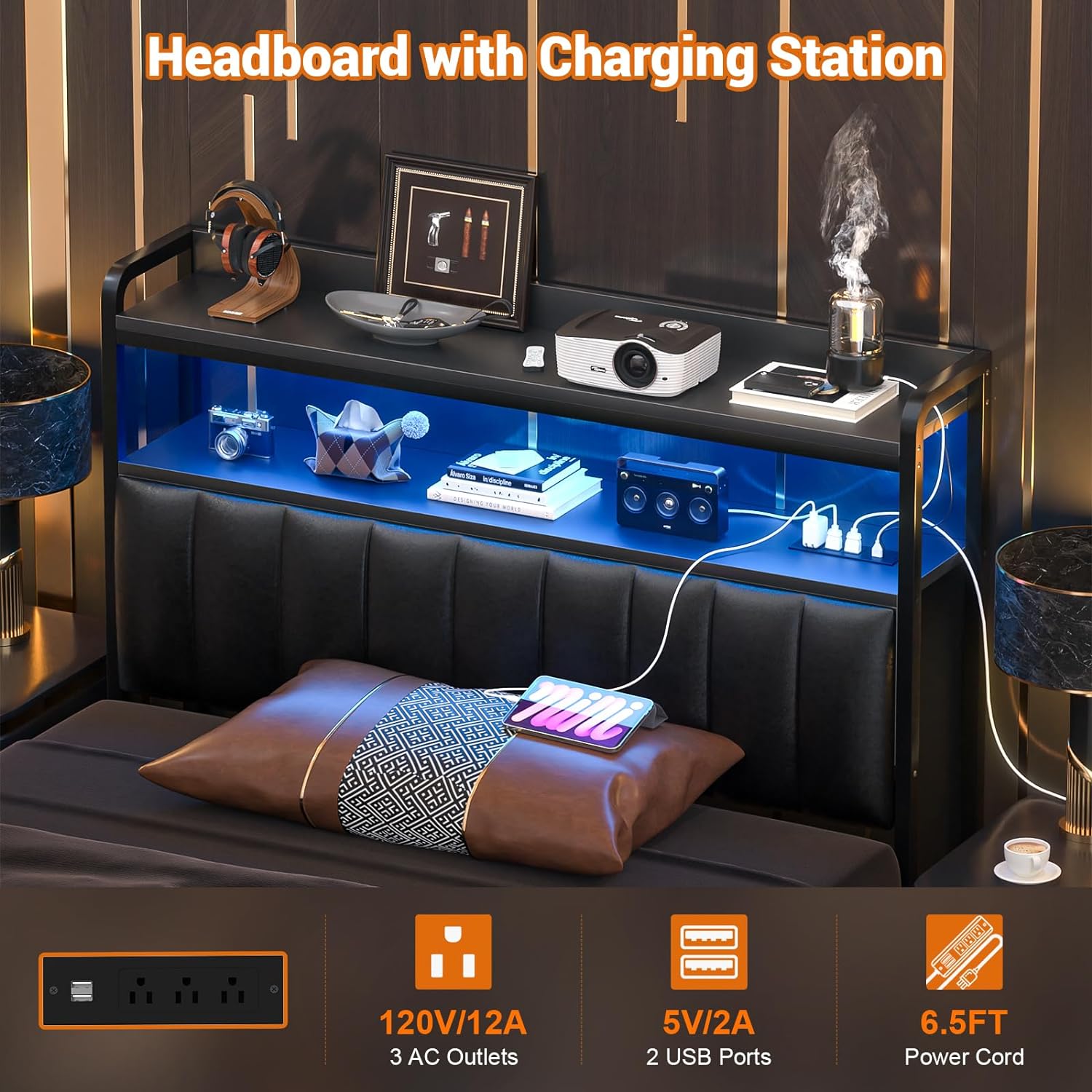iSunirm Upholstered Headboard for Twin Size Bed, Head Board with Power Outlet & LED Lights, Easy Assembly, Black