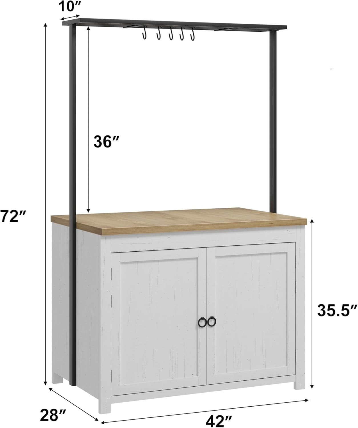 42" Kitchen Island with Storage, 1.2" Countertop Heavy-Duty Multi-Functional Kitchen Cart with 2 Tier Shelves, 5 Hooks, Metal Coffee Bar Table for Dining Living Room White