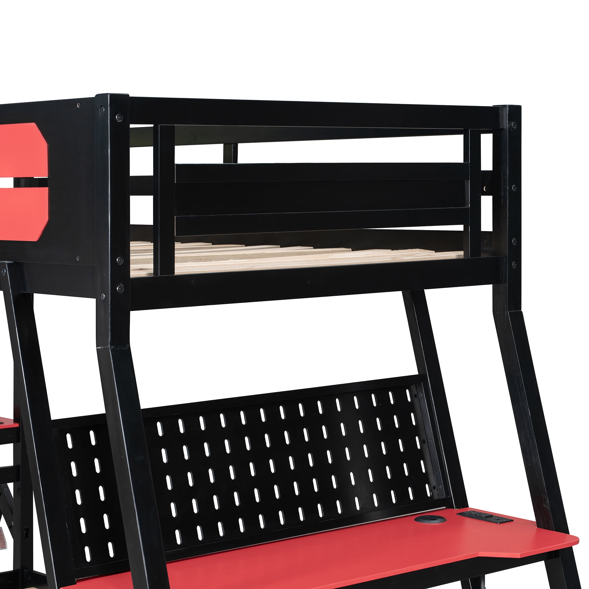 Aukfa Twin over Twin Bunk Bed with Built-In Desks, USB Charging Ports & Pegboard Organizer, Wood E-Sports Gaming Bed Frame for Kids/Teens, Red