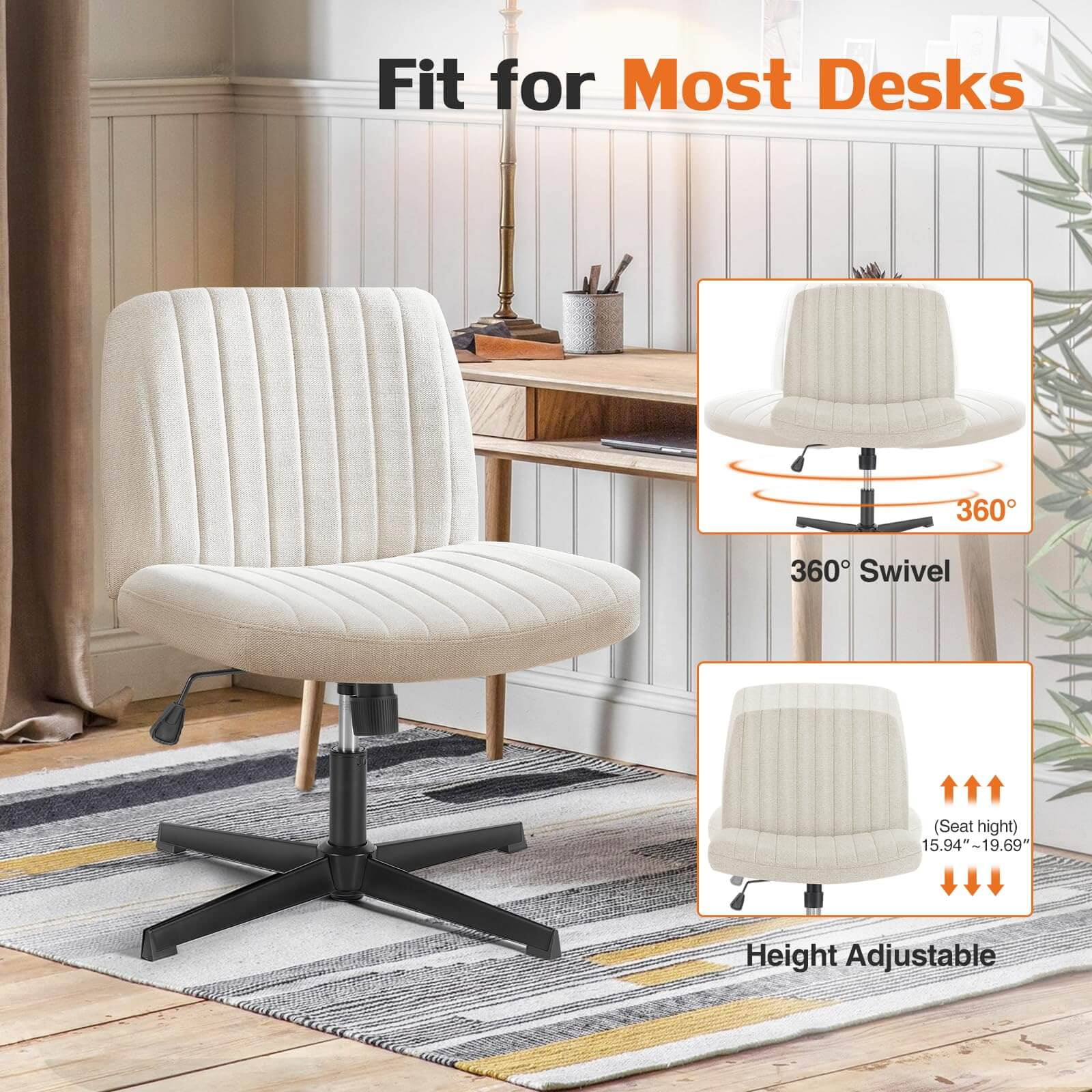MAYEERTY Armless Criss Cross Chair Office Chair Vanity Chair for Bedroom Office，White