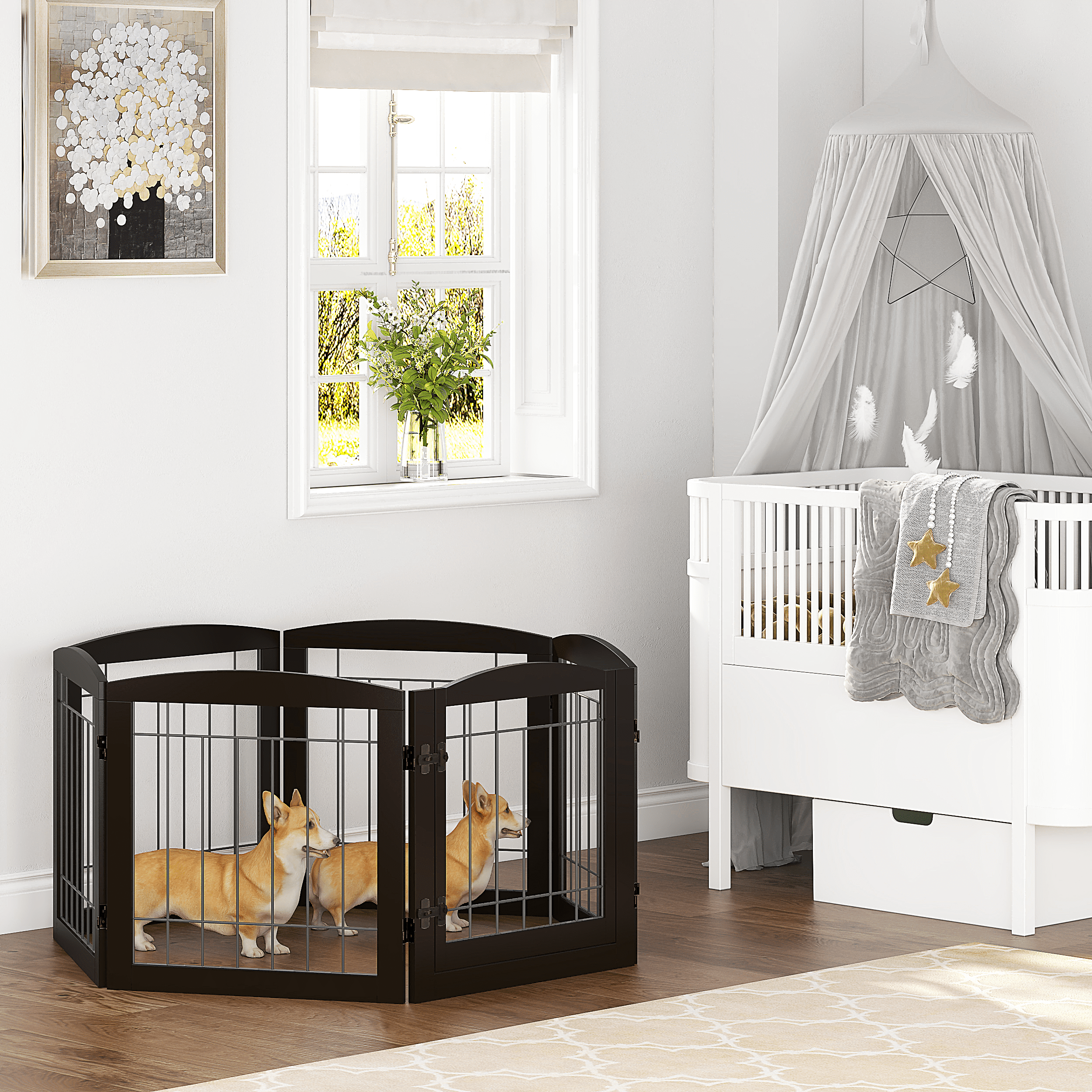 STAROUS Extra Wide Wooden Dog Gate with Convenient Walk-Through Door: Secure Pet Barrier for Home - Suitable for Doorways, Stairs, and Openings, 110" Wide, 6 Panels (Espresso)